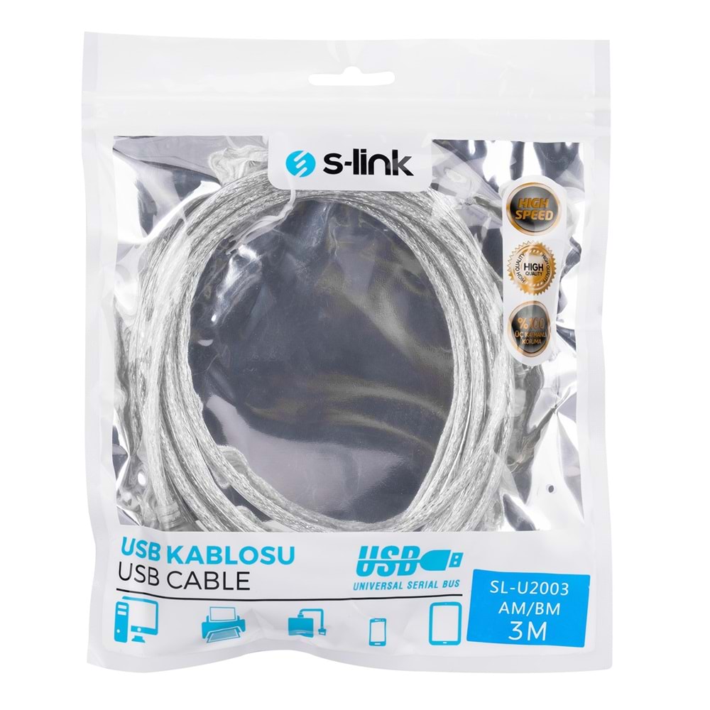 S-link SL-U2003 Usb2.0 3m Şeffaf Yazıcı Kablo