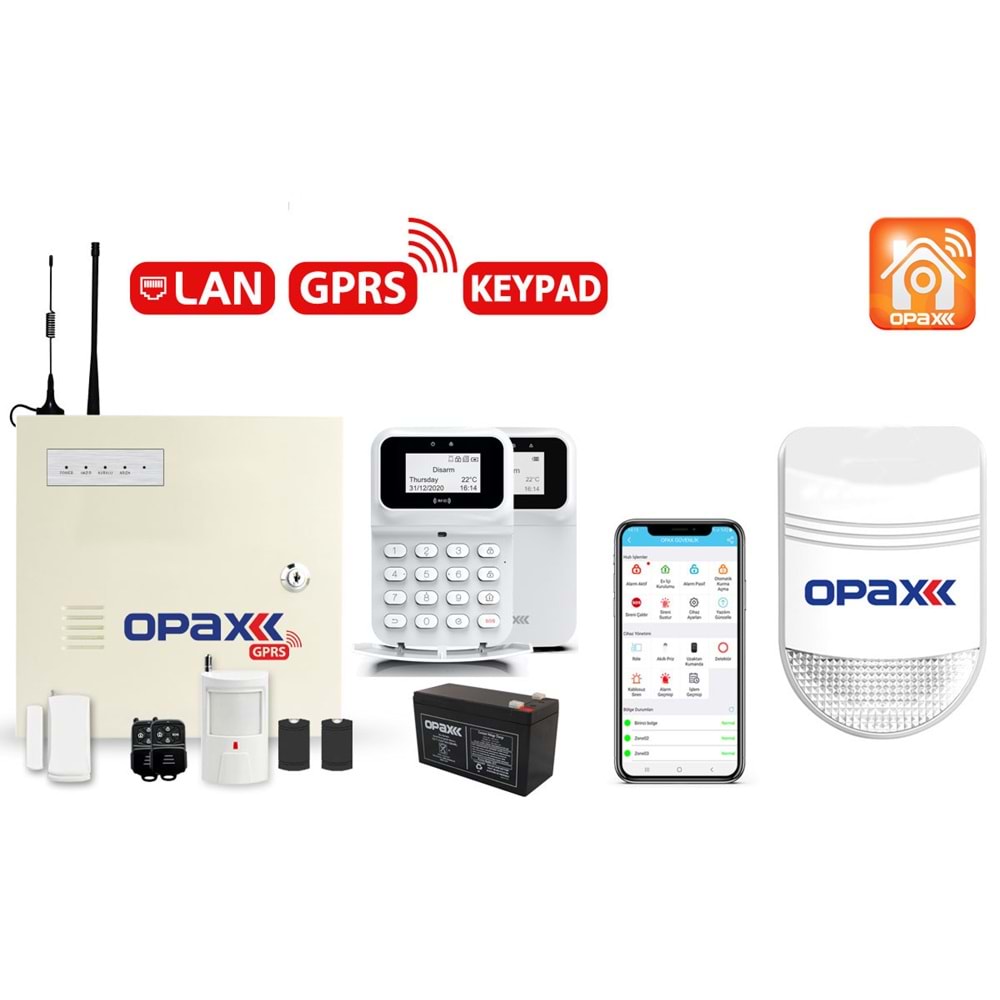 OPAX-2747 GPRS&LAN ALARM PANELİ BGR-10 KABLOLU SİRENLİ FULL SET (1 YIL AHM ÜCRETSİZ)