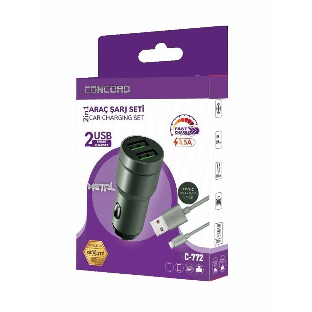 Concord C-772 Type-C Kablo Ve Metal Başlık Hızlı Araç Şarj Seti 2.4 + 3.5a 23w