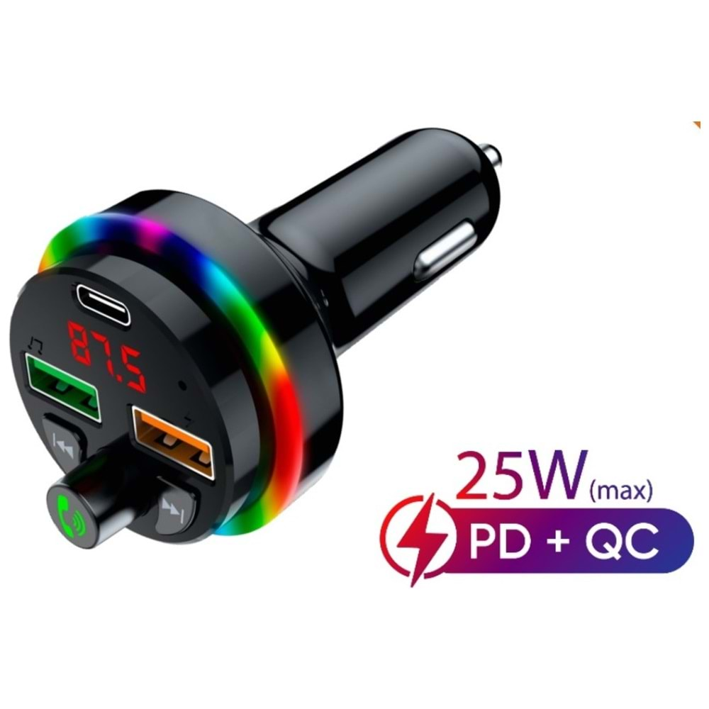 Concord Sft-1 Bluetooth Görüşme ve Müzik Rgb Fm Transmitter 25W Qc 3.0 Pd + 3.1A Çift USB Şarj