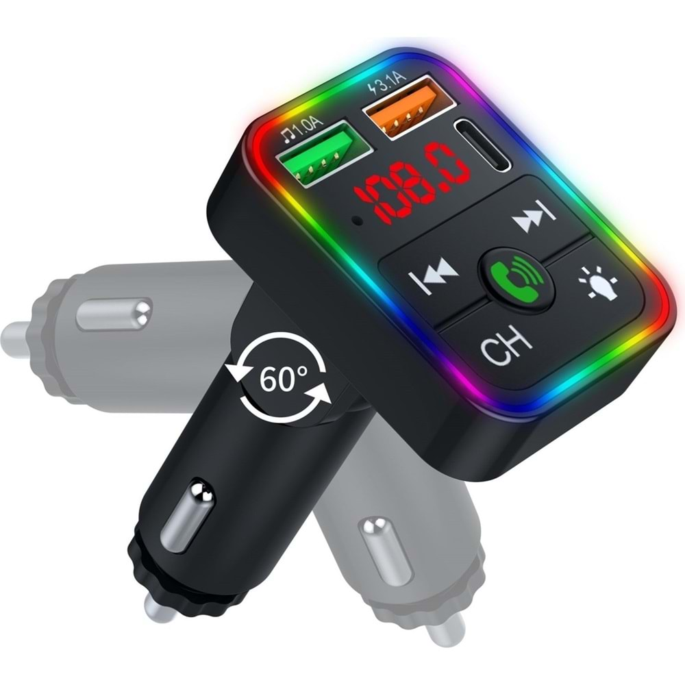 Concord C-618 Bluetooth Görüşme ve Müzik Dinleme Ekranlı Rgb Fm Transmitter Pd + 3.1A Çift USB Şarj