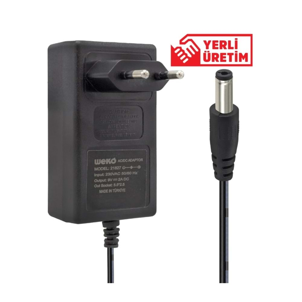 WEKO 9 VOLT - 2 AMPER 5.5*2.5 UÇLU YERLİ ÜRETİM PLASTİK KASA PRİZ TİPİ ADAPTÖR